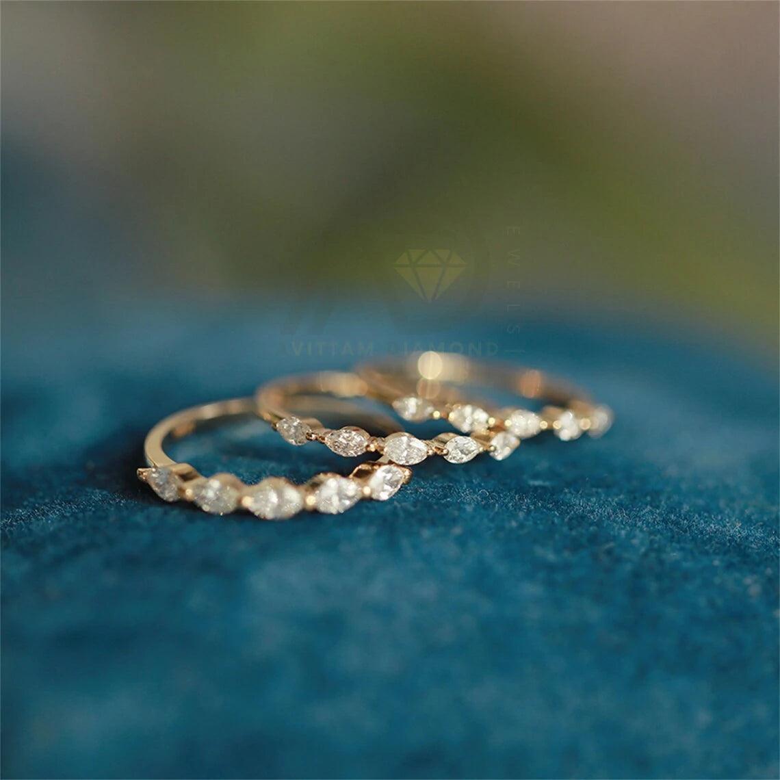 Marquise cut moissanite wedding band, 14K yellow gold bridal band, Half-eternity moissanite diamond matching band, Anniversary gift, Moissanite wedding ring, Yellow gold bridal band, Marquise cut jewelry, Half-eternity band, Moissanite diamond band, Matching wedding band, Bridal jewelry, Anniversary band, Wedding ring for her, Yellow gold wedding band, Moissanite bridal band