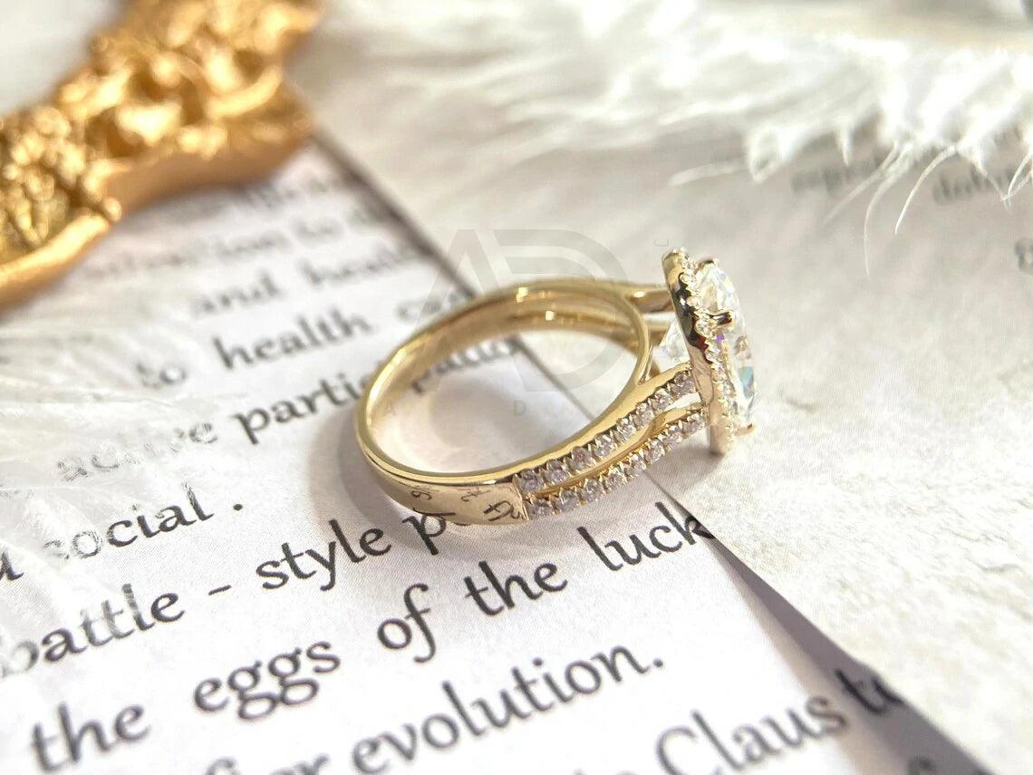 Split shank pear cut halo pave moissanite engagement ring, 14K yellow gold vintage style promise wedding ring, Handmade ring, Anniversary gift, Pear cut moissanite ring, Vintage promise ring, Halo pave moissanite ring, Solid gold wedding band.