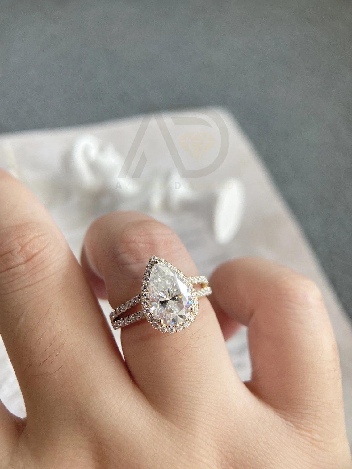 Split shank pear cut halo pave moissanite engagement ring, 14K yellow gold vintage style promise wedding ring, Handmade ring, Anniversary gift, Pear cut moissanite ring, Vintage promise ring, Halo pave moissanite ring, Solid gold wedding band.