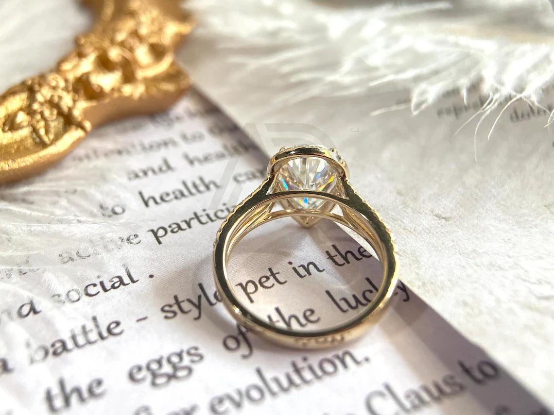 Split shank pear cut halo pave moissanite engagement ring, 14K yellow gold vintage style promise wedding ring, Handmade ring, Anniversary gift, Pear cut moissanite ring, Vintage promise ring, Halo pave moissanite ring, Solid gold wedding band.