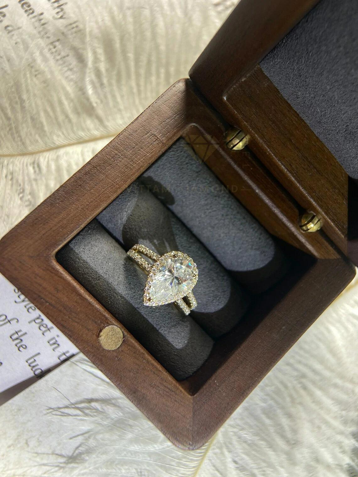 Split shank pear cut halo pave moissanite engagement ring, 14K yellow gold vintage style promise wedding ring, Handmade ring, Anniversary gift, Pear cut moissanite ring, Vintage promise ring, Halo pave moissanite ring, Solid gold wedding band.
