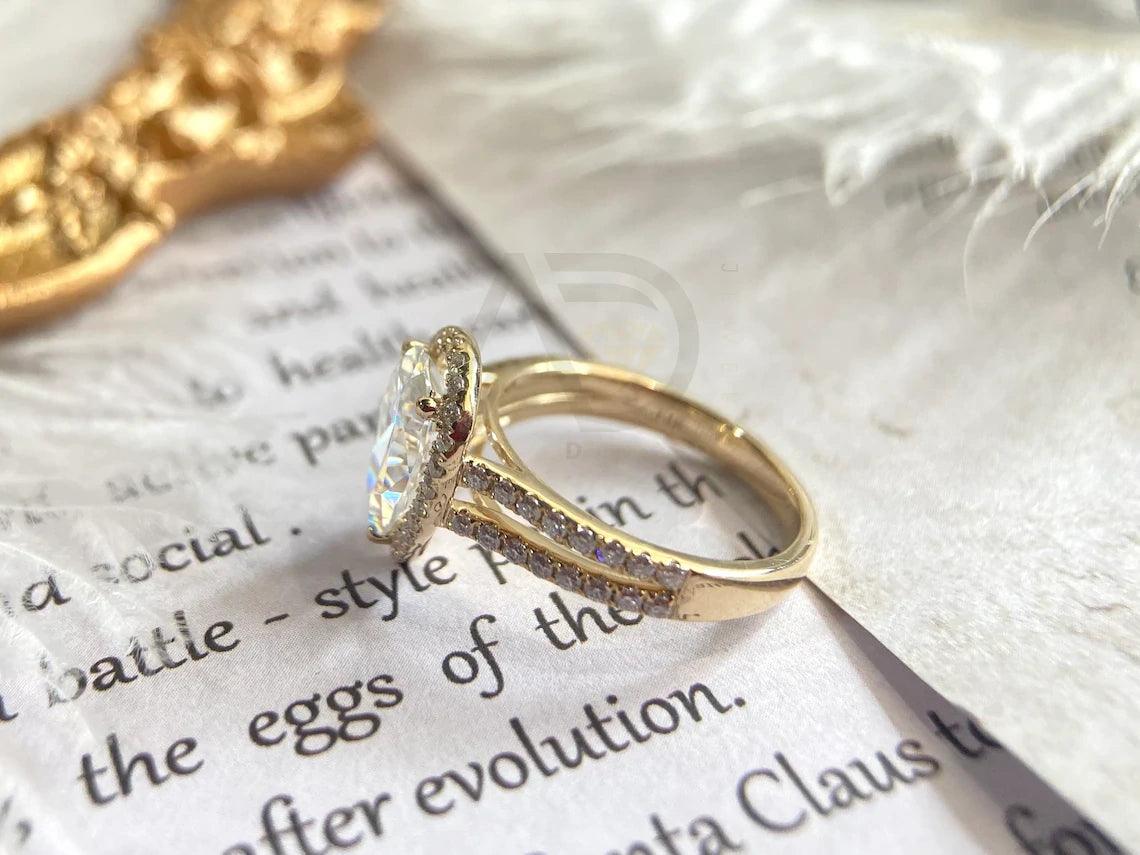 Split shank pear cut halo pave moissanite engagement ring, 14K yellow gold vintage style promise wedding ring, Handmade ring, Anniversary gift, Pear cut moissanite ring, Vintage promise ring, Halo pave moissanite ring, Solid gold wedding band.