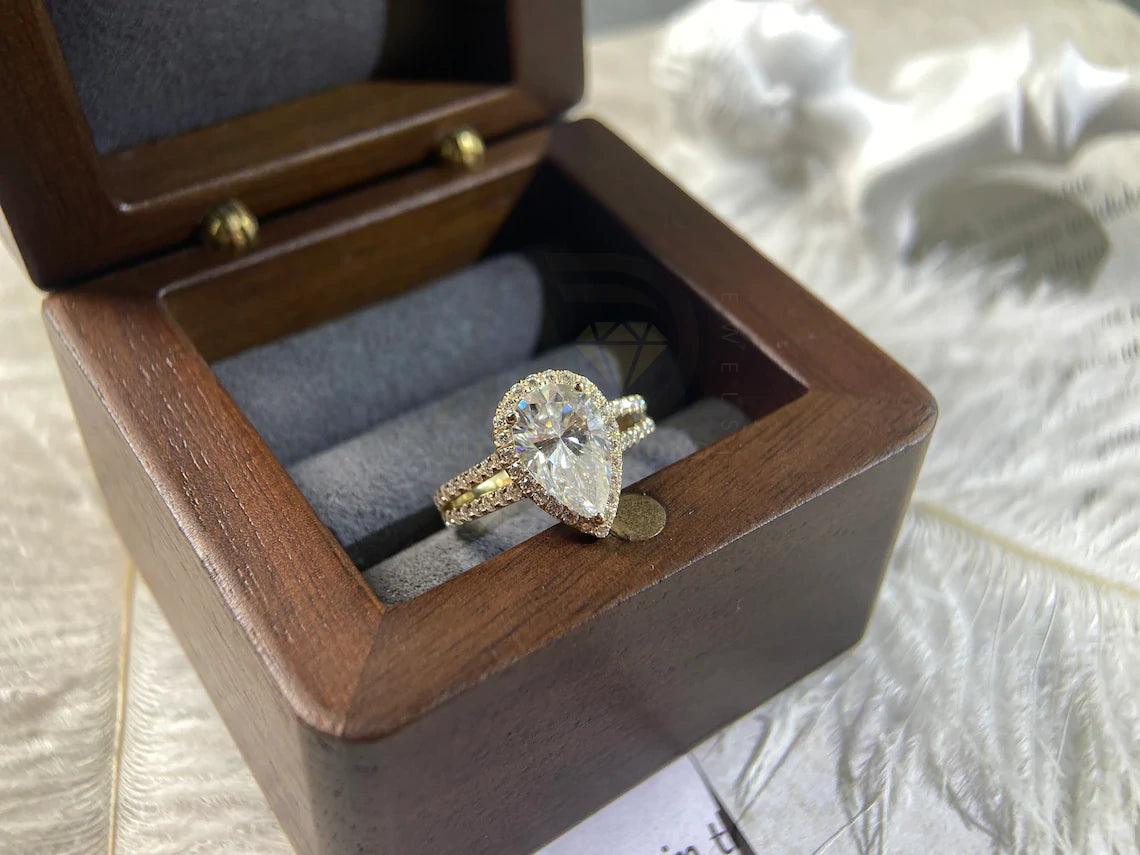 Split shank pear cut halo pave moissanite engagement ring, 14K yellow gold vintage style promise wedding ring, Handmade ring, Anniversary gift, Pear cut moissanite ring, Vintage promise ring, Halo pave moissanite ring, Solid gold wedding band.