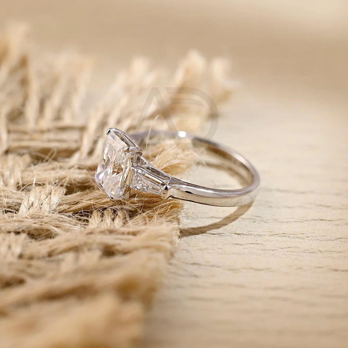 Three Stone Radiant Moissanite Engagement Ring, Solid Gold Radiant Engagement Ring Wedding Ring, Rectangle Anniversary Ring Gifts for Her