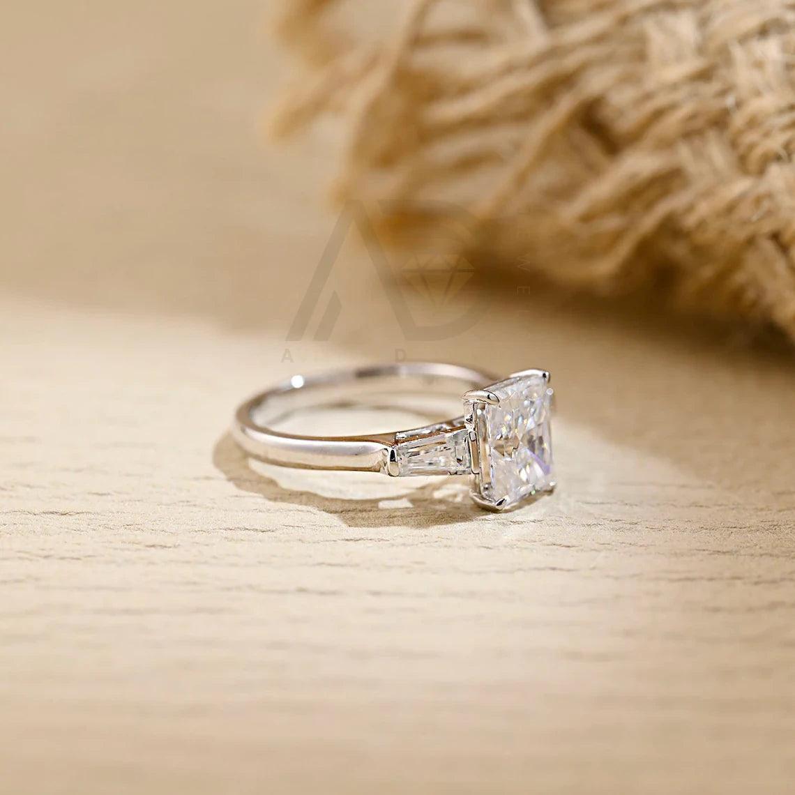 Three Stone Radiant Moissanite Engagement Ring, Solid Gold Radiant Engagement Ring Wedding Ring, Rectangle Anniversary Ring Gifts for Her