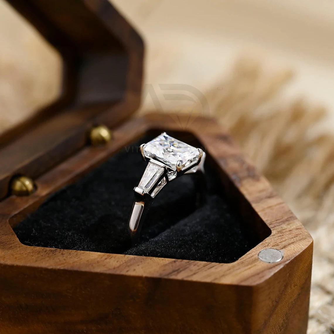 Three Stone Radiant Moissanite Engagement Ring, Solid Gold Radiant Engagement Ring Wedding Ring, Rectangle Anniversary Ring Gifts for Her