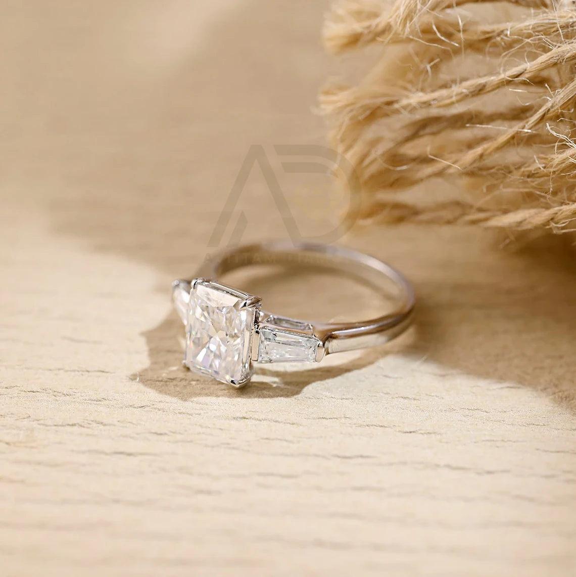 Three Stone Radiant Moissanite Engagement Ring, Solid Gold Radiant Engagement Ring Wedding Ring, Rectangle Anniversary Ring Gifts for Her