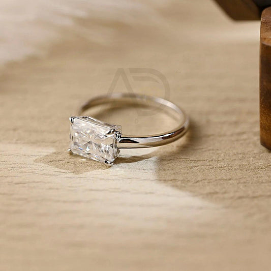 West to East Radiant Cut Solitaire Moissanite Engagement Ring, Low Profile Radiant Cut Moissanite Wedding Ring, East West Solid Gold Ring