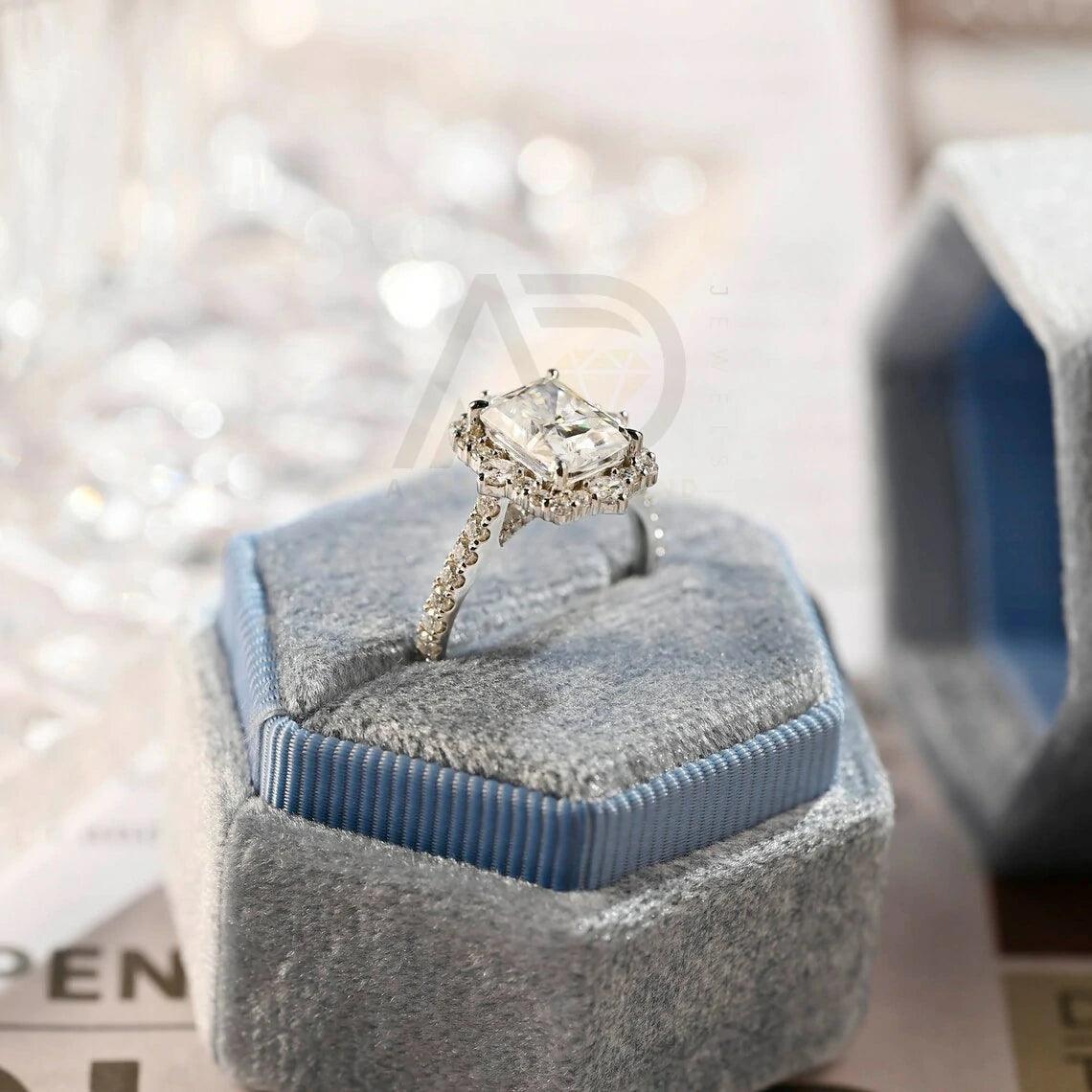 Pave Set Radiant Moissanite Engagement Ring, Vintage Deco Moissanite Wedding Ring, Cathedral Setting Hidden-Halo Solid Gold Ring, Women's Moissanite Ring, Customizable Fine Jewelry, Unique Engagement Ring, Luxurious Symbol of Love, Timeless Elegance, Romantic Wedding Jewelry