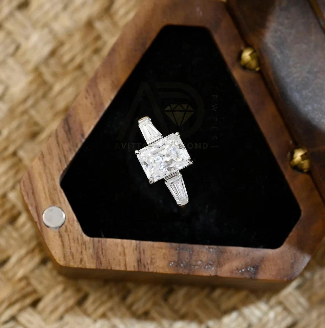 Three Stone Radiant Moissanite Engagement Ring, Solid Gold Radiant Engagement Ring Wedding Ring, Rectangle Anniversary Ring Gifts for Her