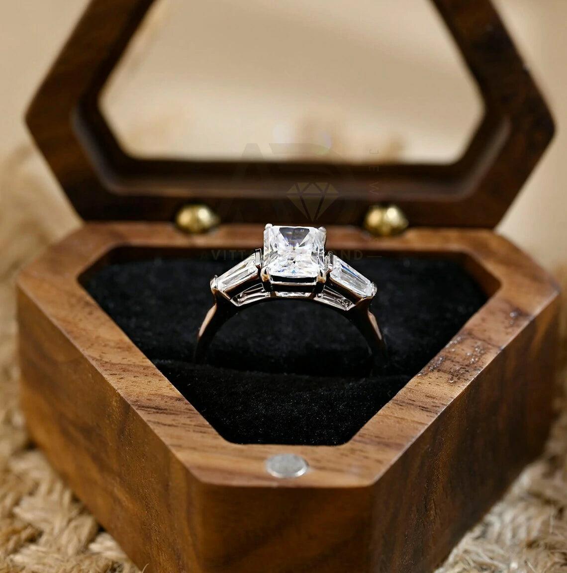 Three Stone Radiant Moissanite Engagement Ring, Solid Gold Radiant Engagement Ring Wedding Ring, Rectangle Anniversary Ring Gifts for Her