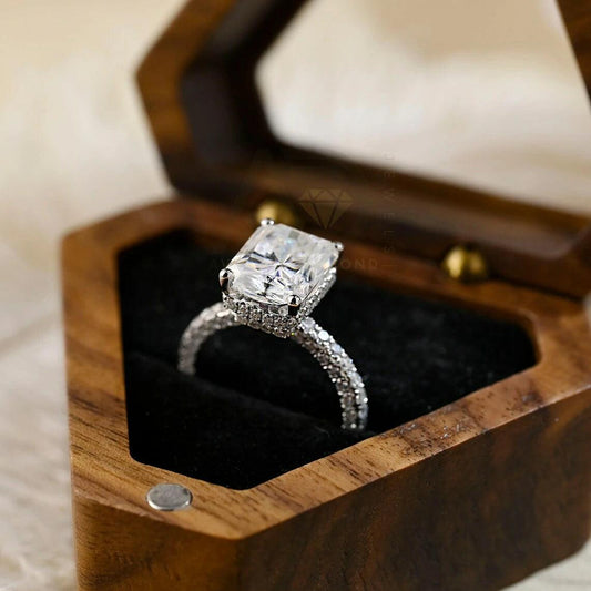 Double Hidden Halo Radiant Cut Moissanite Ring with Pavé Setting