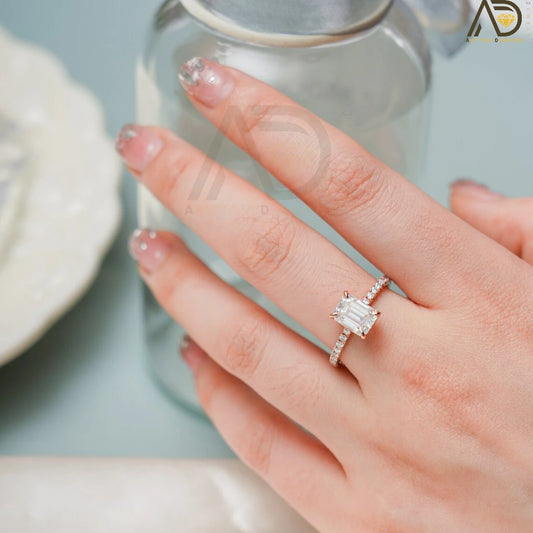 Emerald Cut Moissanite Ring | Solid Gold Moissanite Ring | Hidden Halo Engagement Ring