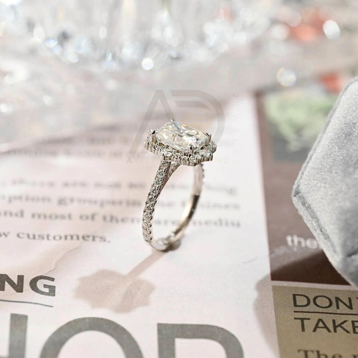 Pave Set Radiant Moissanite Engagement Ring, Vintage Deco Moissanite Wedding Ring, Cathedral Setting Hidden-Halo Solid Gold Ring, Women's Moissanite Ring, Customizable Fine Jewelry, Unique Engagement Ring, Luxurious Symbol of Love, Timeless Elegance, Romantic Wedding Jewelry