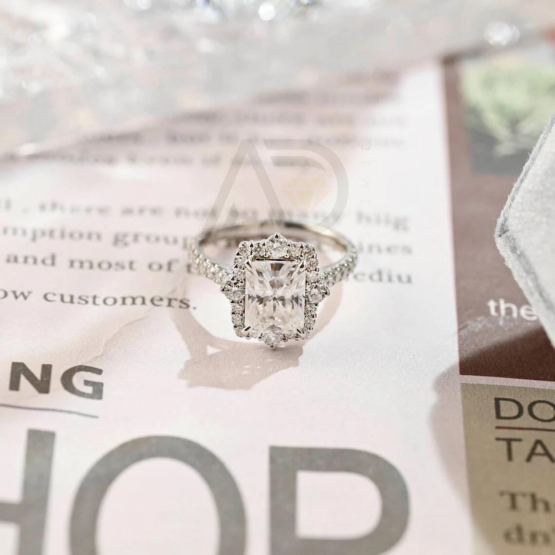Pave Set Radiant Moissanite Engagement Ring, Vintage Deco Moissanite Wedding Ring, Cathedral Setting Hidden-Halo Solid Gold Ring, Women's Moissanite Ring, Customizable Fine Jewelry, Unique Engagement Ring, Luxurious Symbol of Love, Timeless Elegance, Romantic Wedding Jewelry