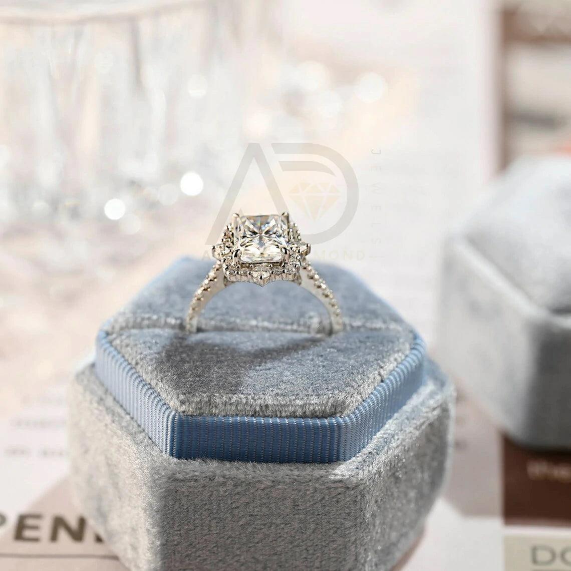 Pave Set Radiant Moissanite Engagement Ring, Vintage Deco Moissanite Wedding Ring, Cathedral Setting Hidden-Halo Solid Gold Ring, Women's Moissanite Ring, Customizable Fine Jewelry, Unique Engagement Ring, Luxurious Symbol of Love, Timeless Elegance, Romantic Wedding Jewelry