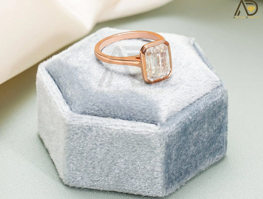 Emerald Cut Moissanite Ring | Solid Gold Moissanite Ring | Bezel Moissanite Engagement Ring