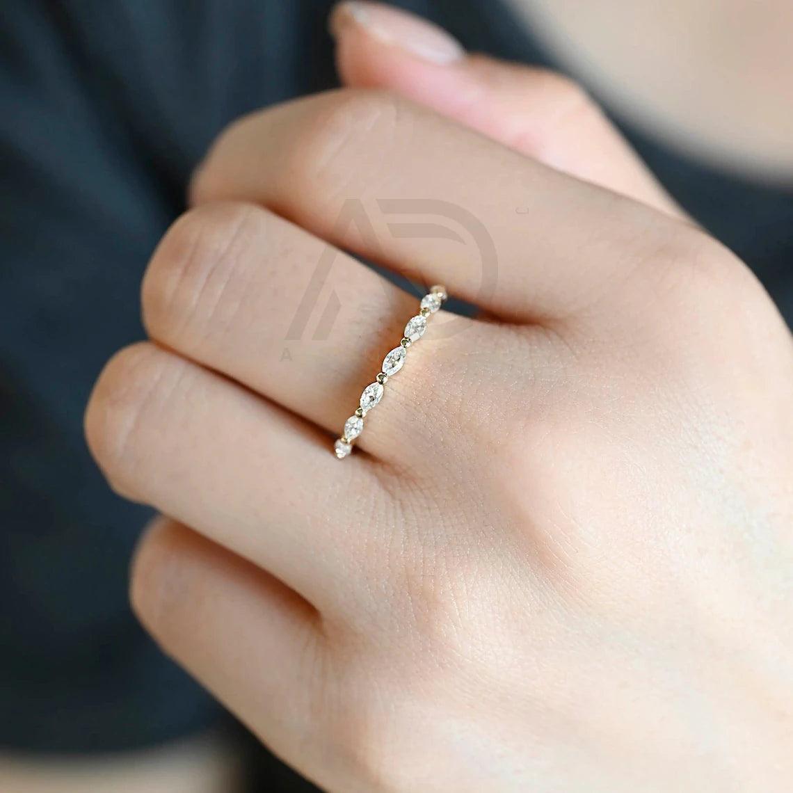 Marquise Moissanite Wedding Band, Solid Gold Bridal Ring, Half-Eternity Matching Band, Anniversary Gift, Valentine's Day Gift, Moissanite Anniversary Band, Fine Jewelry, Handcrafted Wedding Ring, Unique Bridal Set, Romantic Jewelry, Timeless Elegance, Luxurious Wedding Jewelry, Symbol of Love
