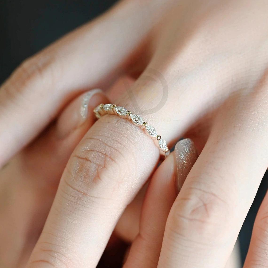 Marquise Moissanite Wedding Band, Solid Gold Bridal Ring, Half-Eternity Matching Band, Anniversary Gift, Valentine's Day Gift, Moissanite Anniversary Band, Fine Jewelry, Handcrafted Wedding Ring, Unique Bridal Set, Romantic Jewelry, Timeless Elegance, Luxurious Wedding Jewelry, Symbol of Love