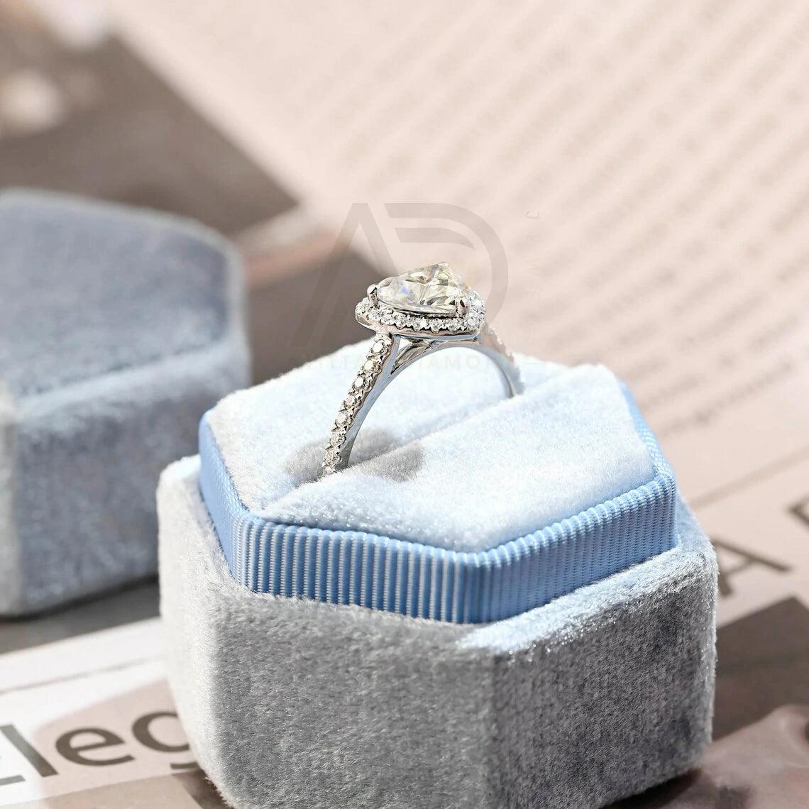Trilliant Cut Paved Moissanite Engagement Ring with Halo, 10K/14K/18K Solid Gold Round Trillion Shaped Vintage Solitaire Wedding Ring for Her