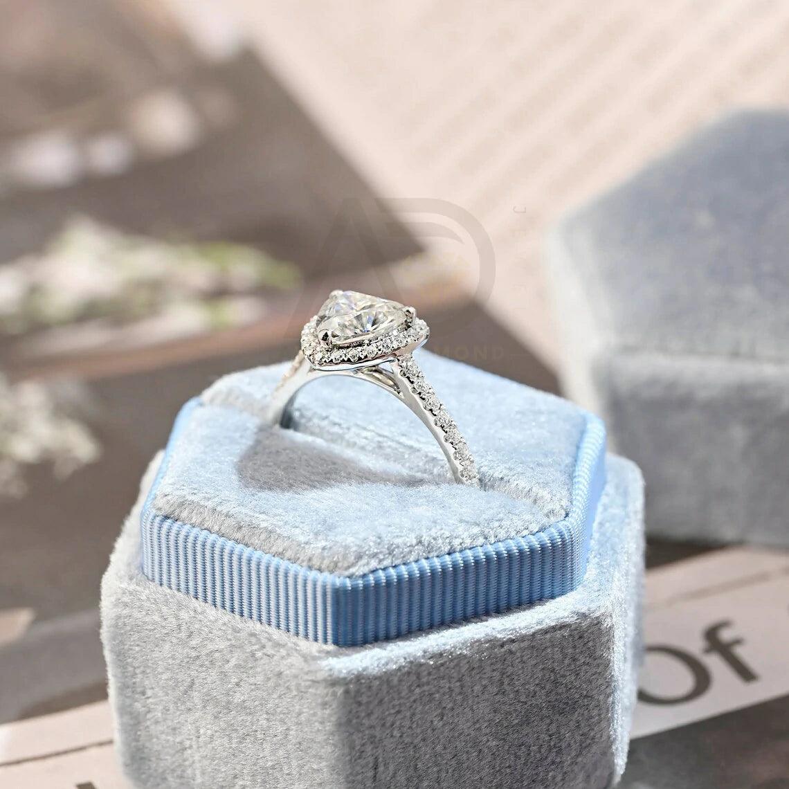 Trilliant Cut Paved Moissanite Engagement Ring with Halo, 10K/14K/18K Solid Gold Round Trillion Shaped Vintage Solitaire Wedding Ring for Her