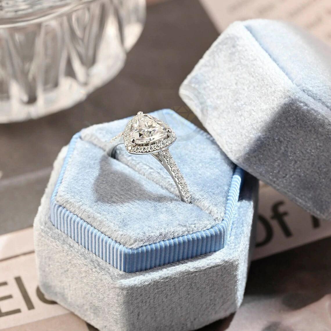 Trilliant Cut Paved Moissanite Engagement Ring with Halo, 10K/14K/18K Solid Gold Round Trillion Shaped Vintage Solitaire Wedding Ring for Her