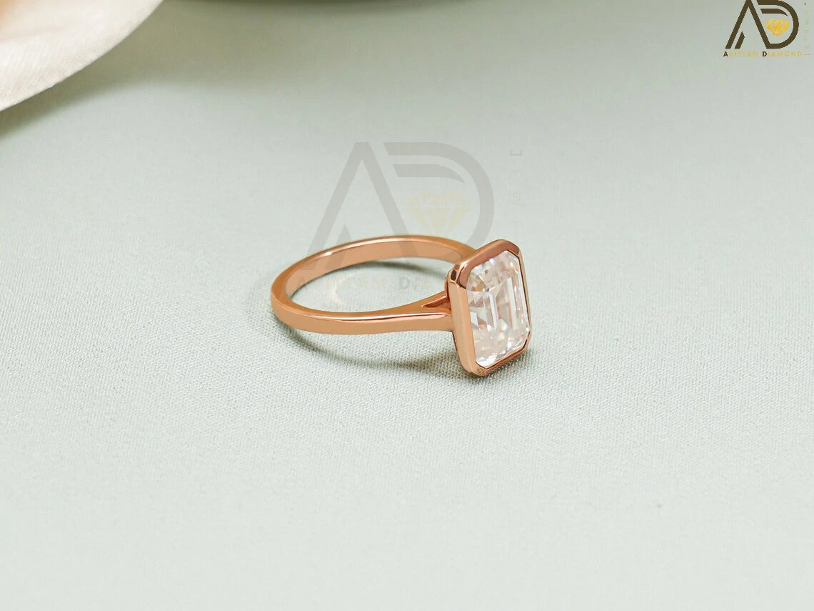 Chic Emerald Cut Ring Design | Bezel Set Moissanite Jewelry | Solid Gold Anniversary Gift