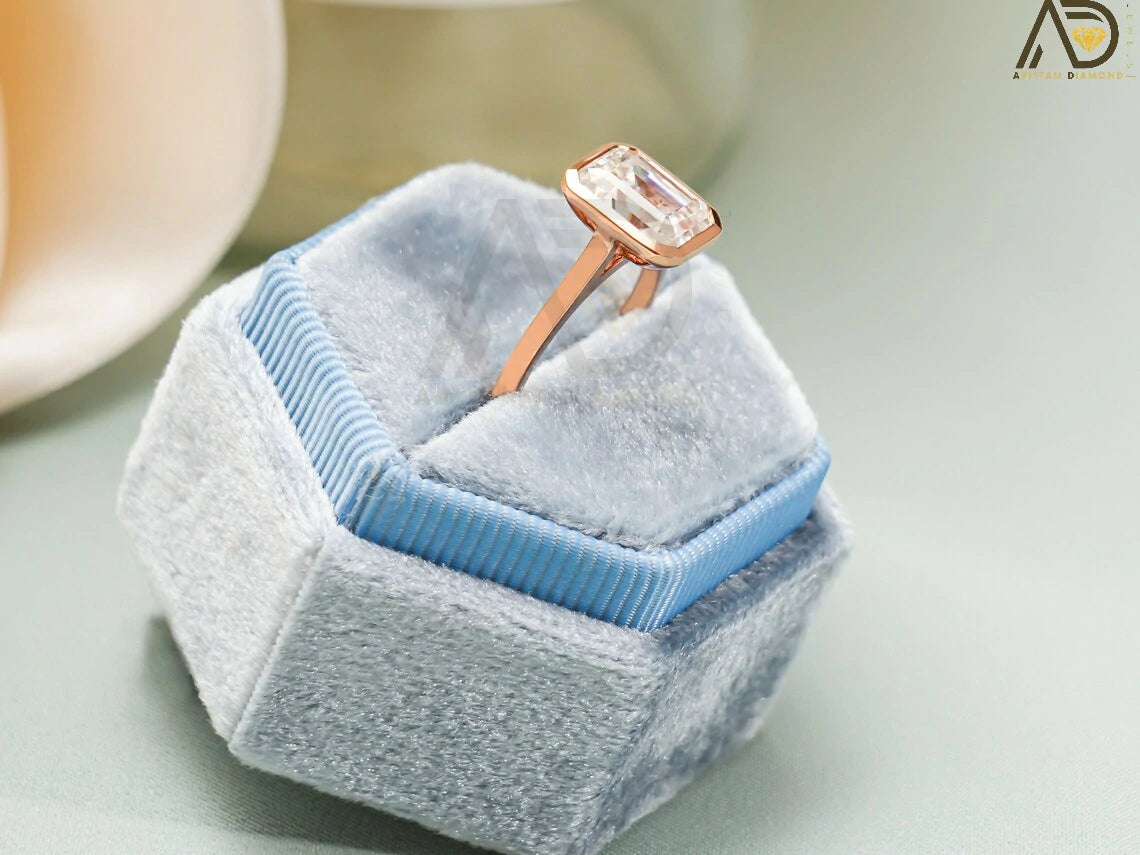 Unique Bezel Moissanite Ring | Beautiful Emerald Cut Jewelry | Solid Gold Promise Ring for Her