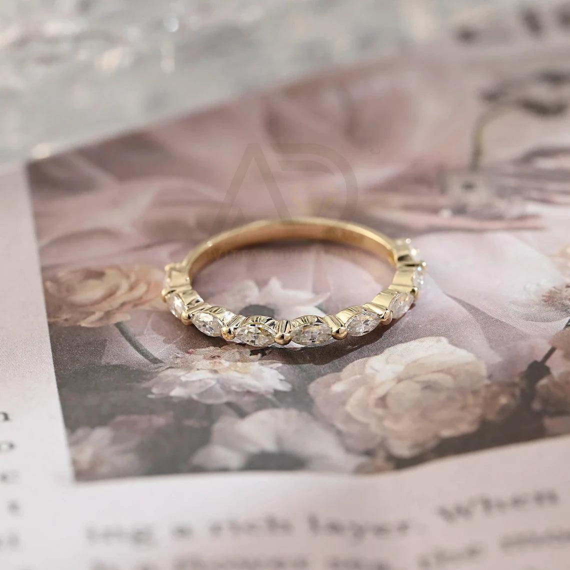 Marquise Moissanite Wedding Band, Solid Gold Bridal Ring, Half-Eternity Matching Band, Anniversary Gift, Valentine's Day Gift, Moissanite Anniversary Band, Fine Jewelry, Handcrafted Wedding Ring, Unique Bridal Set, Romantic Jewelry, Timeless Elegance, Luxurious Wedding Jewelry, Symbol of Love