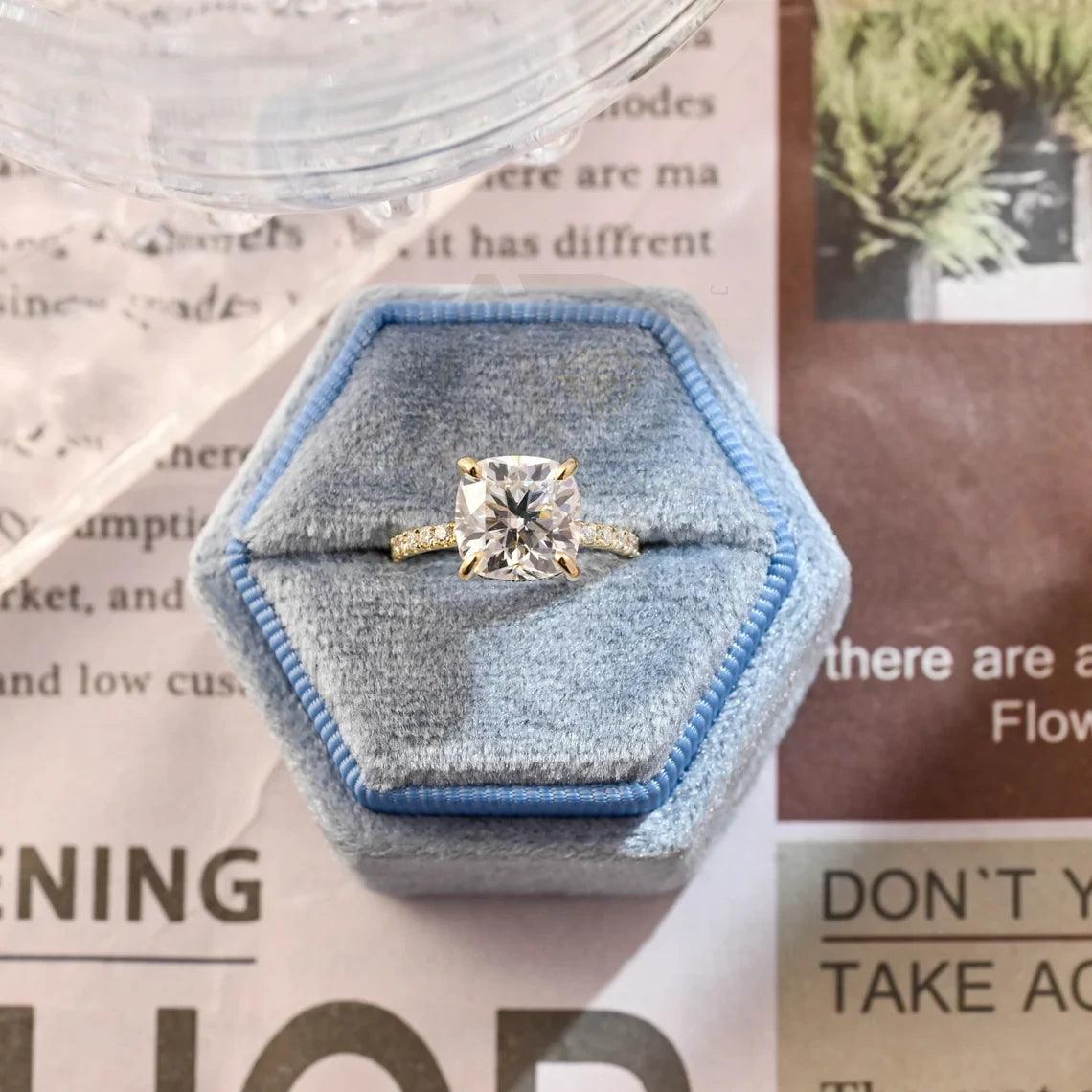 Cushion Cut Moissanite Engagement Ring, Hidden Halo Moissanite Ring, Solid Gold Wedding Ring, Half Pave Cushion Wedding Band, Promise Ring, Anniversary Gift, Women's Moissanite Ring, Customizable Engagement Ring, Fine Jewelry, Unique Promise Ring, Luxurious Anniversary Gift, Symbol of Love, Timeless Elegance, Romantic Jewelry