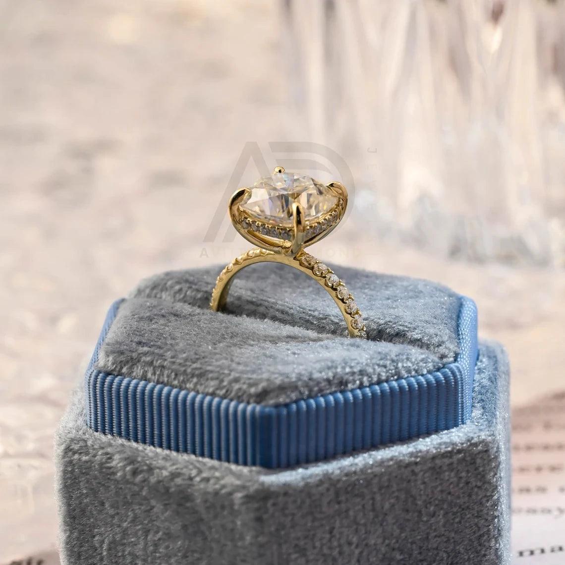 Cushion Cut Moissanite Engagement Ring, Hidden Halo Moissanite Ring, Solid Gold Wedding Ring, Half Pave Cushion Wedding Band, Promise Ring, Anniversary Gift, Women's Moissanite Ring, Customizable Engagement Ring, Fine Jewelry, Unique Promise Ring, Luxurious Anniversary Gift, Symbol of Love, Timeless Elegance, Romantic Jewelry
