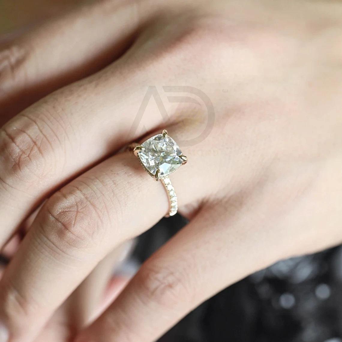 Cushion Cut Moissanite Engagement Ring, Hidden Halo Moissanite Ring, Solid Gold Wedding Ring, Half Pave Cushion Wedding Band, Promise Ring, Anniversary Gift, Women's Moissanite Ring, Customizable Engagement Ring, Fine Jewelry, Unique Promise Ring, Luxurious Anniversary Gift, Symbol of Love, Timeless Elegance, Romantic Jewelry