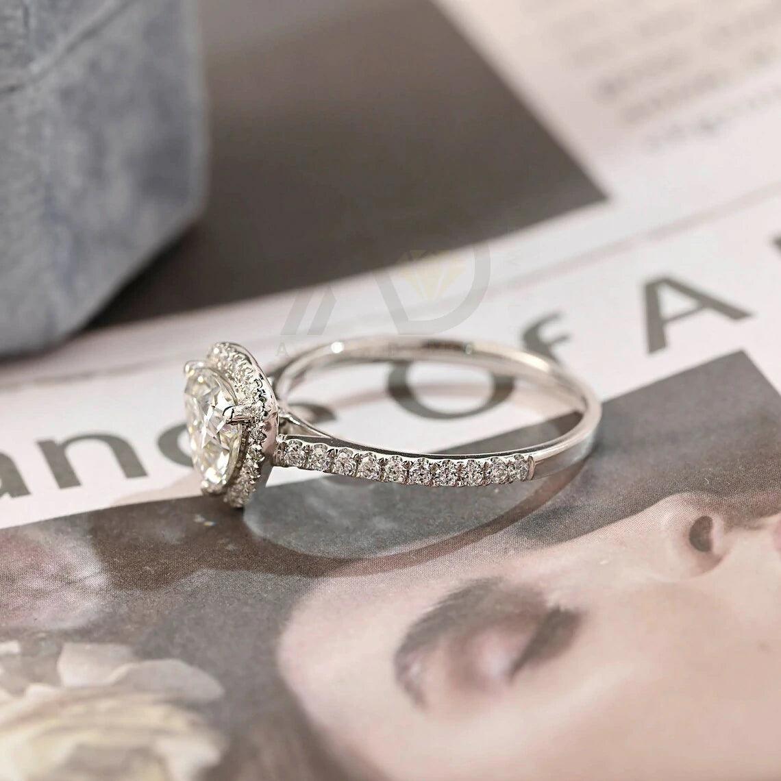 Trilliant Cut Paved Moissanite Engagement Ring with Halo, 10K/14K/18K Solid Gold Round Trillion Shaped Vintage Solitaire Wedding Ring for Her