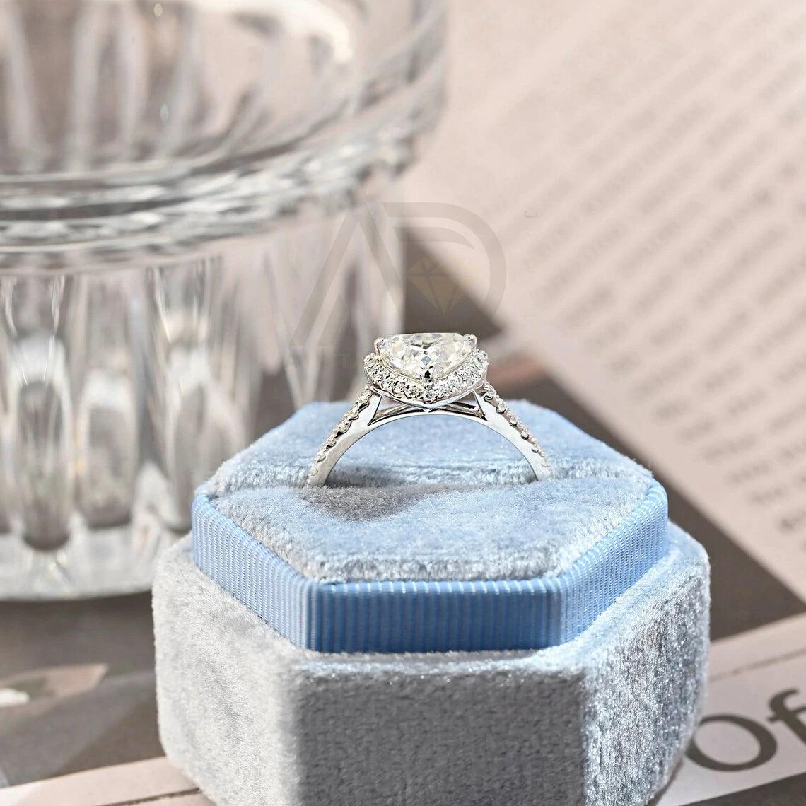 Trilliant Cut Paved Moissanite Engagement Ring with Halo, 10K/14K/18K Solid Gold Round Trillion Shaped Vintage Solitaire Wedding Ring for Her