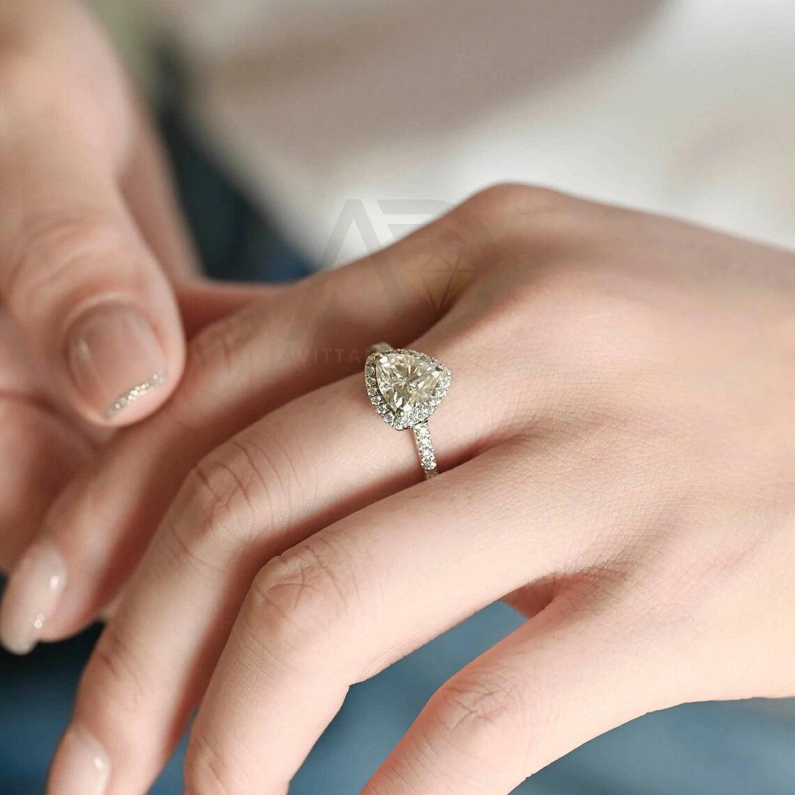 Trilliant Cut Paved Moissanite Engagement Ring with Halo, 10K/14K/18K Solid Gold Round Trillion Shaped Vintage Solitaire Wedding Ring for Her