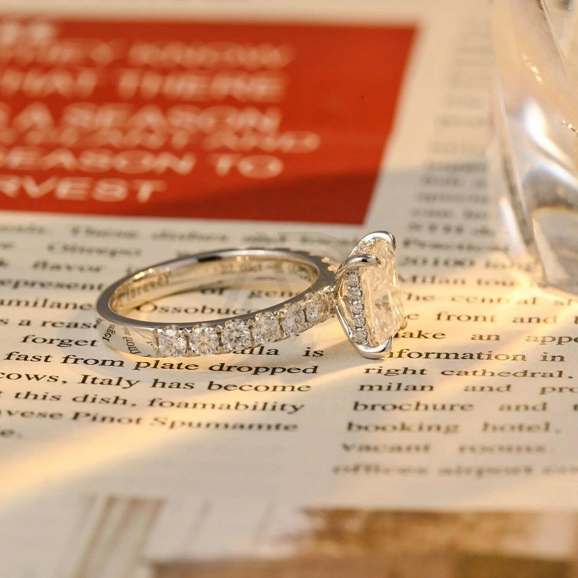 Solid gold radiant cut moissanite engagement ring, Hidden-halo pave radiant cut moissanite promise ring, Wedding ring, Anniversary gift, Radiant cut moissanite ring, Hidden-halo moissanite ring, Pave moissanite ring, Promise ring, Unique engagement ring, Sparkling wedding ring You
