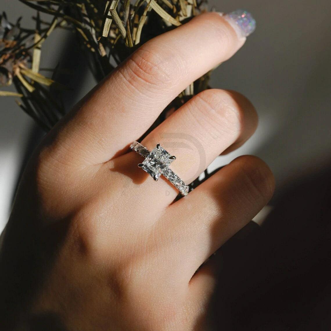 Solid gold radiant cut moissanite engagement ring, Hidden-halo pave radiant cut moissanite promise ring, Wedding ring, Anniversary gift, Radiant cut moissanite ring, Hidden-halo moissanite ring, Pave moissanite ring, Promise ring, Unique engagement ring, Sparkling wedding ring You