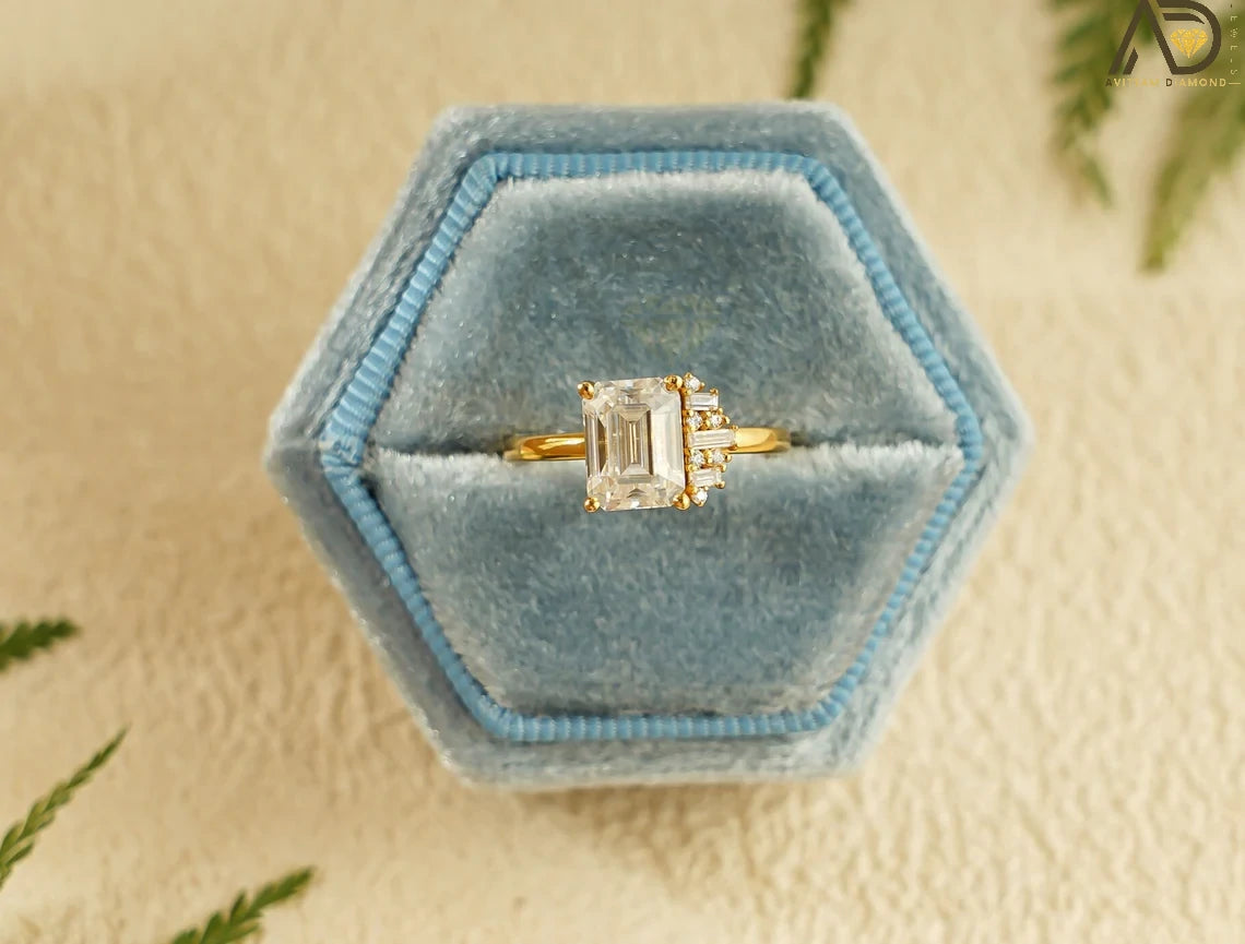 Celebrate love with this beautiful 10K/14K/18K Solid Gold Emerald Cut Moissanite Engagement Ring. Its dainty cluster design is perfect for engagements, anniversaries, or as a thoughtful birthday gift for her.