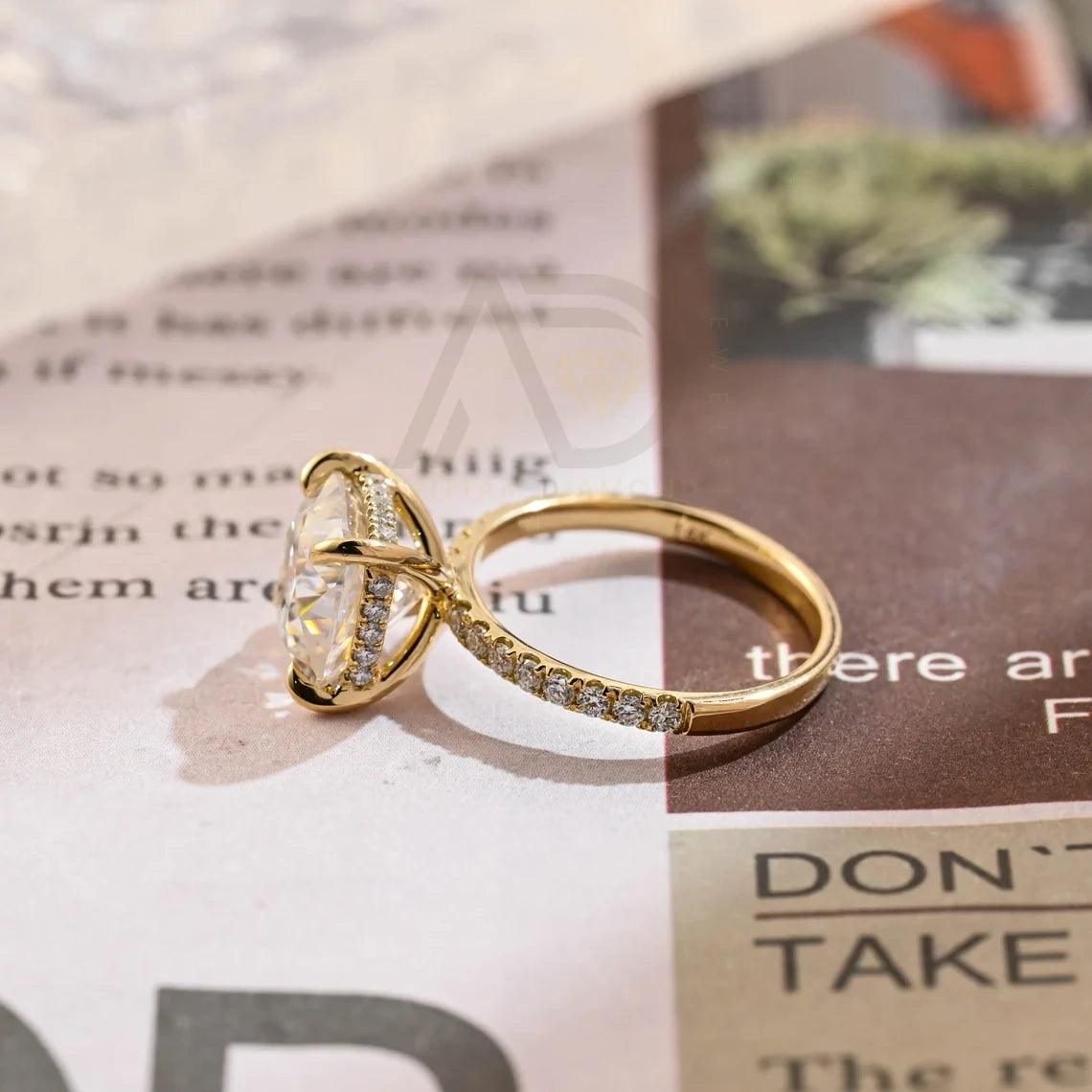Cushion Cut Moissanite Engagement Ring, Hidden Halo Moissanite Ring, Solid Gold Wedding Ring, Half Pave Cushion Wedding Band, Promise Ring, Anniversary Gift, Women's Moissanite Ring, Customizable Engagement Ring, Fine Jewelry, Unique Promise Ring, Luxurious Anniversary Gift, Symbol of Love, Timeless Elegance, Romantic Jewelry