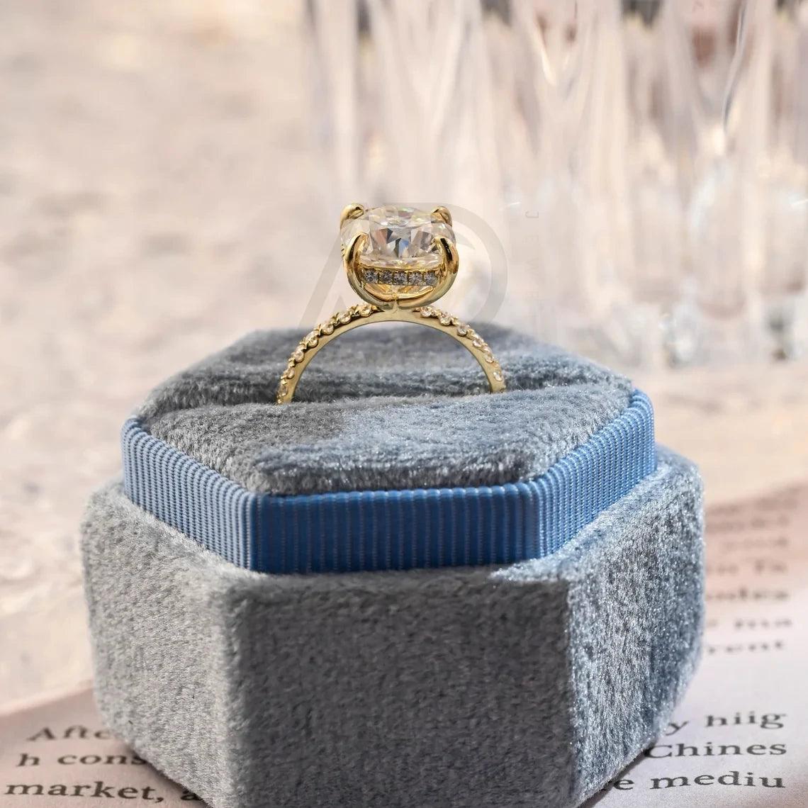 Cushion Cut Moissanite Engagement Ring, Hidden Halo Moissanite Ring, Solid Gold Wedding Ring, Half Pave Cushion Wedding Band, Promise Ring, Anniversary Gift, Women's Moissanite Ring, Customizable Engagement Ring, Fine Jewelry, Unique Promise Ring, Luxurious Anniversary Gift, Symbol of Love, Timeless Elegance, Romantic Jewelry