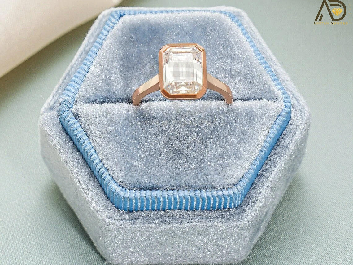 Emerald Cut Moissanite Ring | Solid Gold Moissanite Ring | Bezel Moissanite Engagement Ring