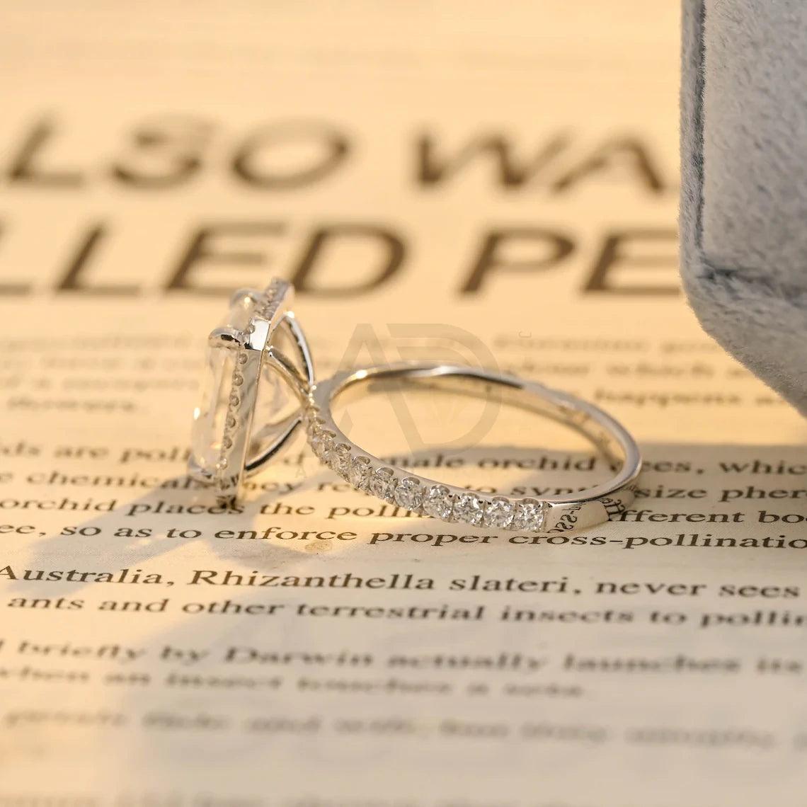 Solid gold radiant cut halo pave moissanite engagement ring, Vintage radiant cut moissanite wedding ring, Birthday gift, Anniversary gift, Halo pave moissanite ring, Vintage wedding band, Solid gold engagement ring, Sparkling moissanite ring, Unique bridal jewelry