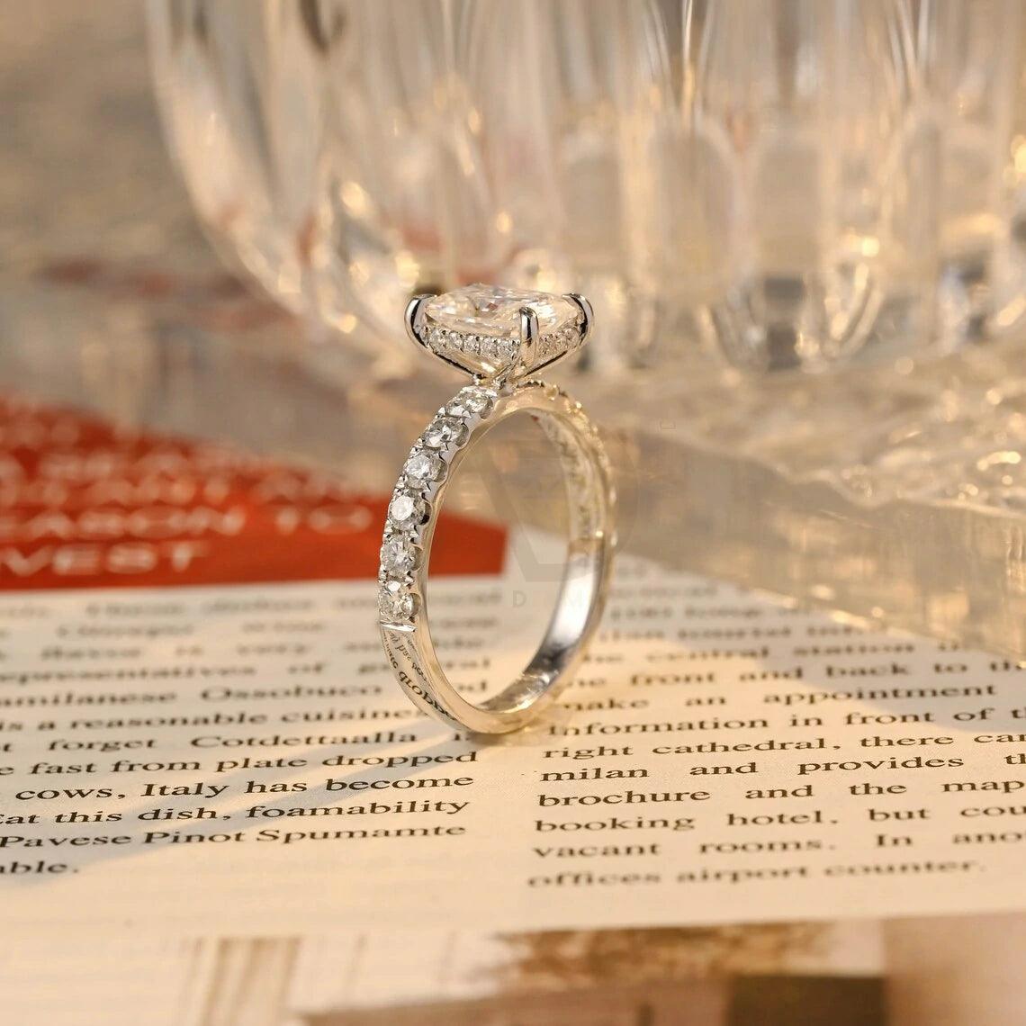 Solid gold radiant cut moissanite engagement ring, Hidden-halo pave radiant cut moissanite promise ring, Wedding ring, Anniversary gift, Radiant cut moissanite ring, Hidden-halo moissanite ring, Pave moissanite ring, Promise ring, Unique engagement ring, Sparkling wedding ring You