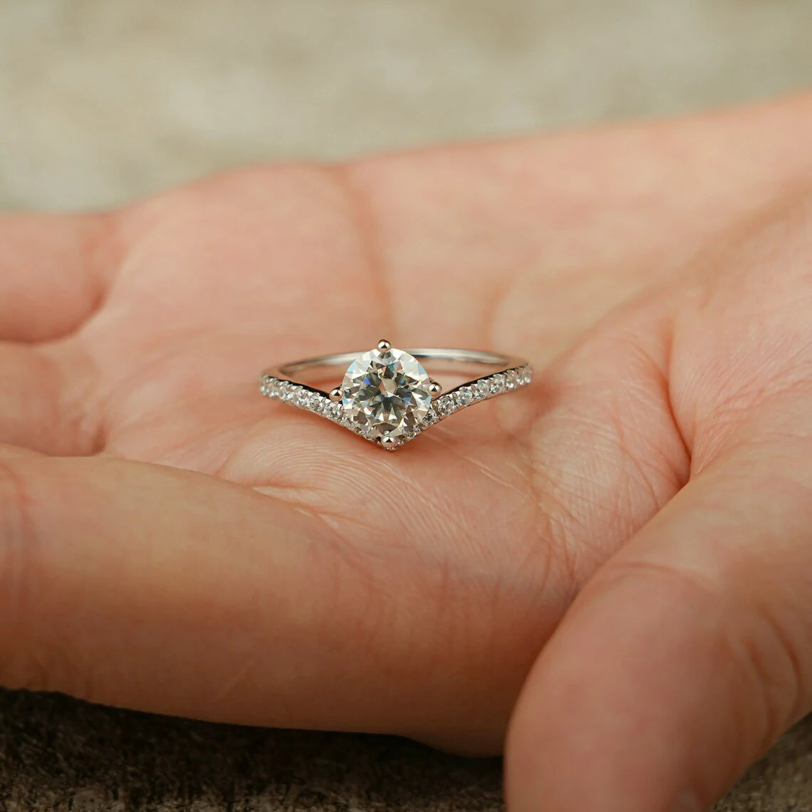 Minimalist Moissanite Ring | Half Pave Style Band | Golden Romance