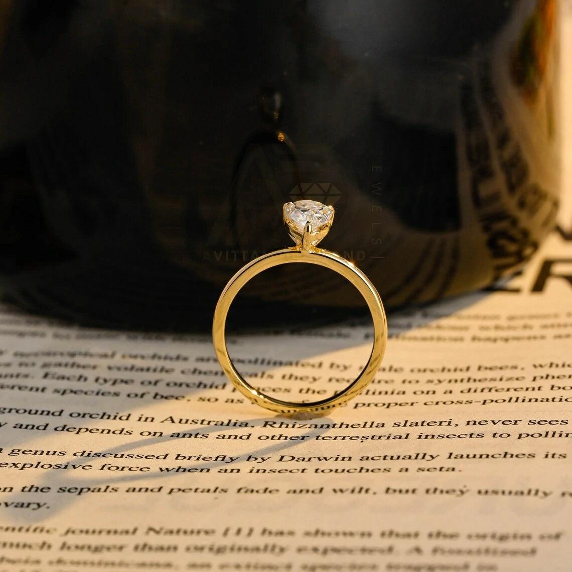 Pear Cut Solitaire Moissanite Engagement Ring, Solid Gold Teardrop Promise Wedding Ring, Handmade Ring, Anniversary Gift, Women's Moissanite Ring, Customizable Fine Jewelry, Unique Promise Ring, Luxurious Symbol of Love, Timeless Elegance, Romantic Anniversary Jewelry