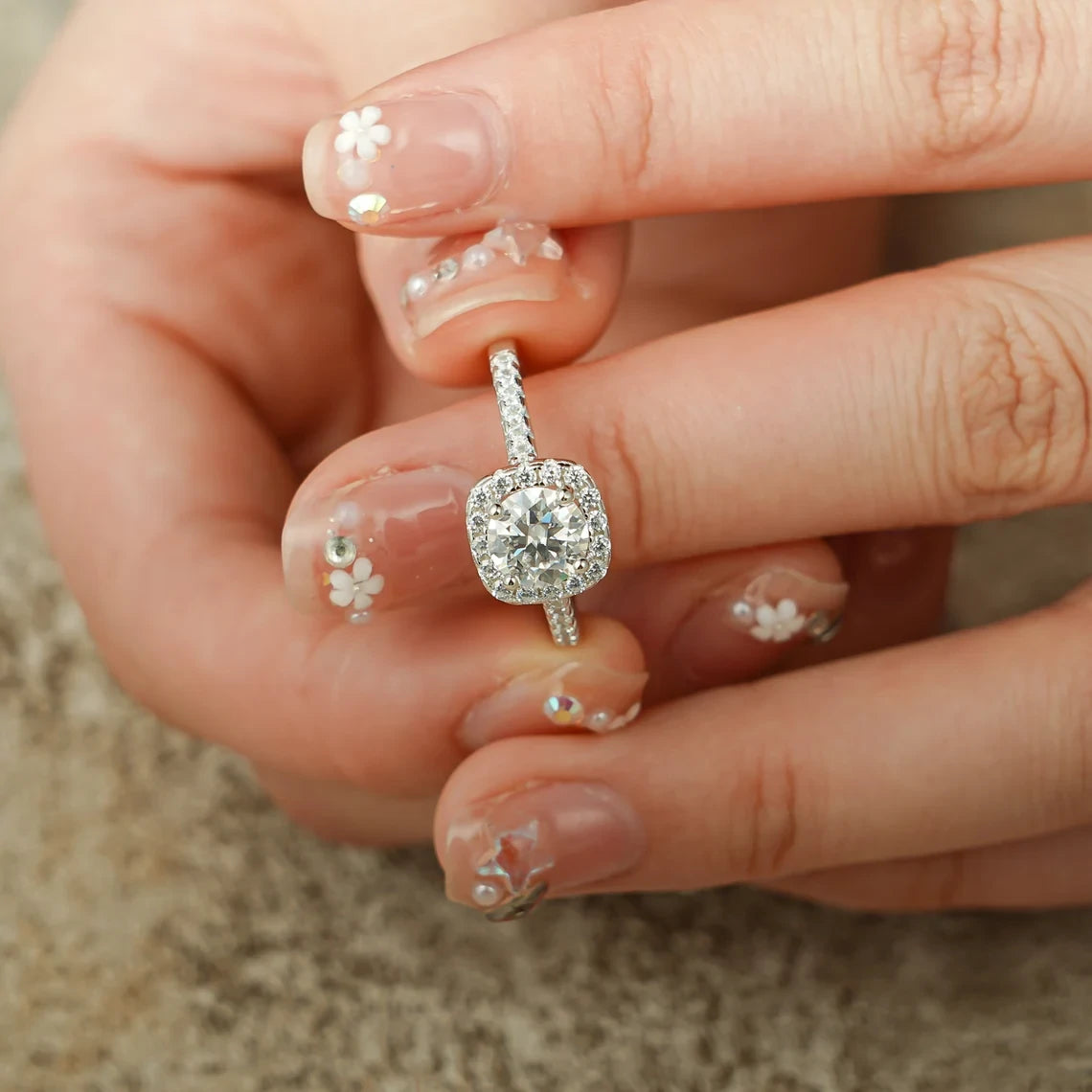 Promise Ring Moissanite | Round Cut Halo | Gift for Her