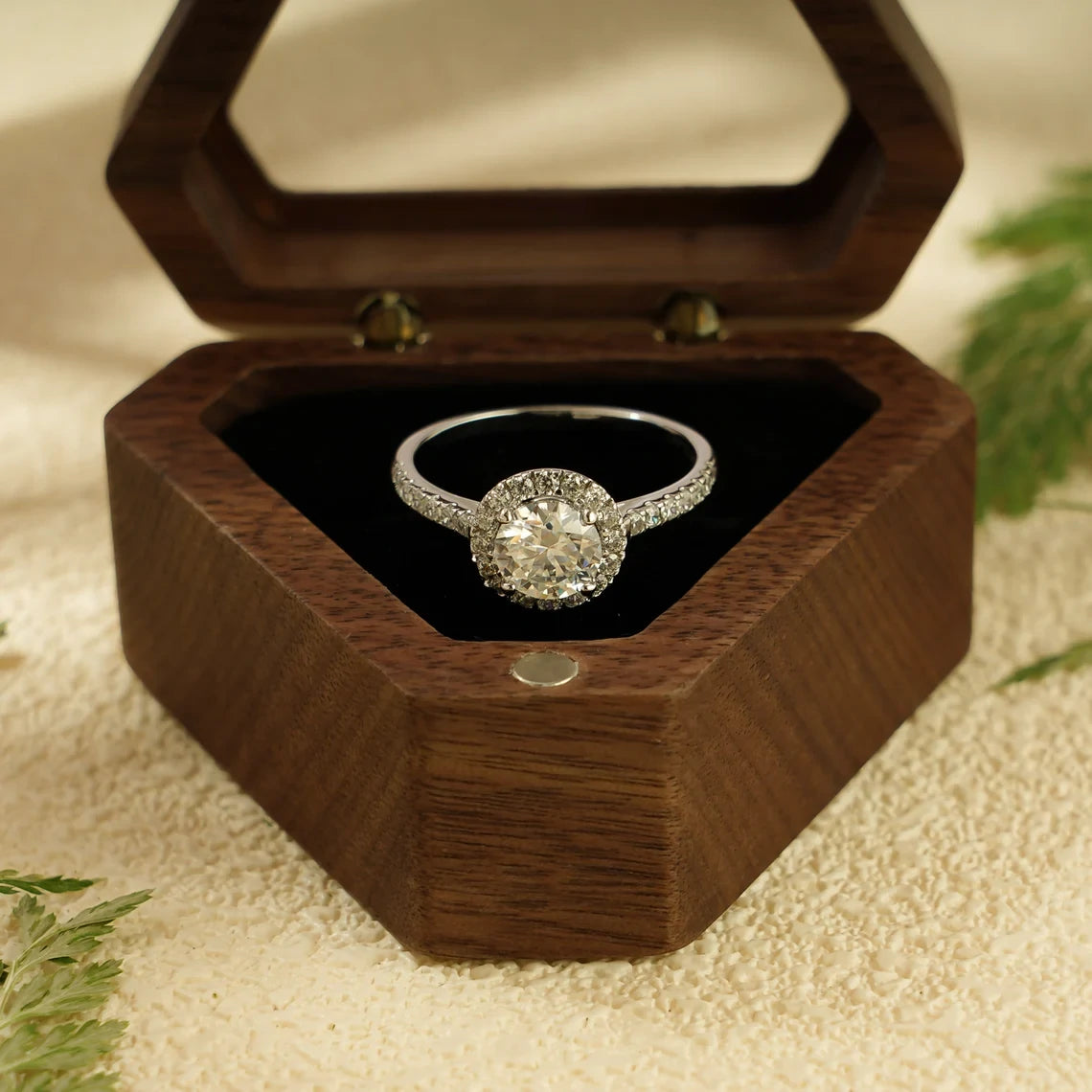 Round Cut Moissanite Ring | Solid Gold Halo Band | Elegant Gift for Her