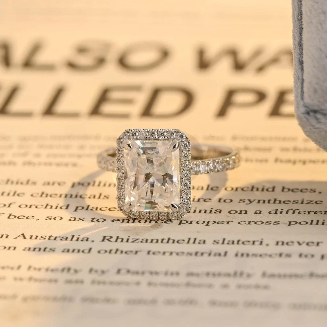 Solid gold radiant cut halo pave moissanite engagement ring, Vintage radiant cut moissanite wedding ring, Birthday gift, Anniversary gift, Halo pave moissanite ring, Vintage wedding band, Solid gold engagement ring, Sparkling moissanite ring, Unique bridal jewelry