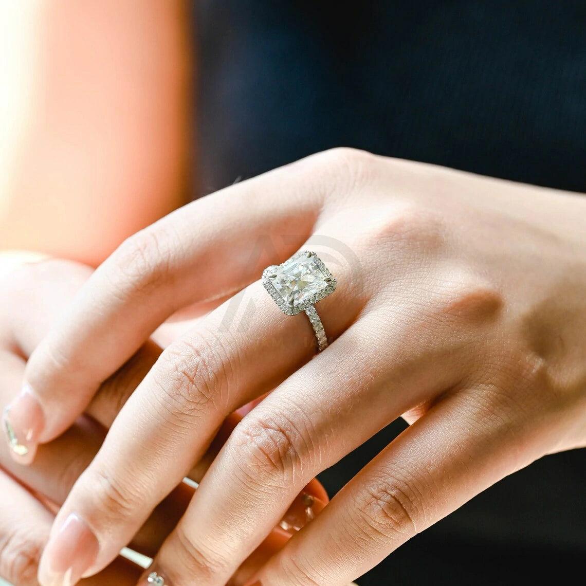 Solid gold radiant cut halo pave moissanite engagement ring, Vintage radiant cut moissanite wedding ring, Birthday gift, Anniversary gift, Halo pave moissanite ring, Vintage wedding band, Solid gold engagement ring, Sparkling moissanite ring, Unique bridal jewelry