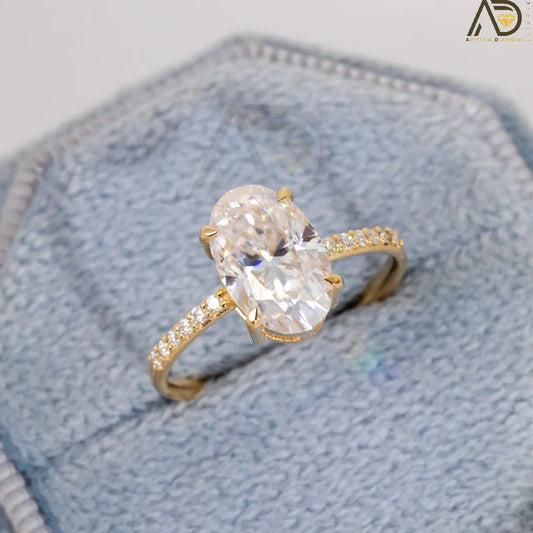 Oval Moissanite Ring with Delicate Pave Diamond Band